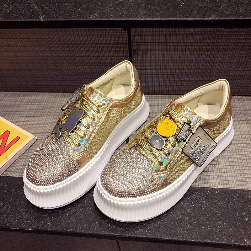 

Women Casual Shoes Femme 2019 Spring Crystal Shoes Women Platform Sneakers Flats Fashion Lace-Up Sequin Breathable woman Sneaker