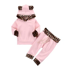 

Newborn Baby Girls Pink Leopard Hoodie sweatshirt Long sleeve T-Shirt+Long Pant Outfits jacket coat Hat Clothing Set