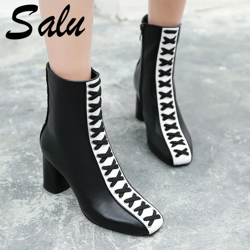 

Salu New Spring Autumn Fashion Mixed Colors Genuine Leather Women Ankle Boots Zipper Square Toe High Heels Chelsea Boots Women