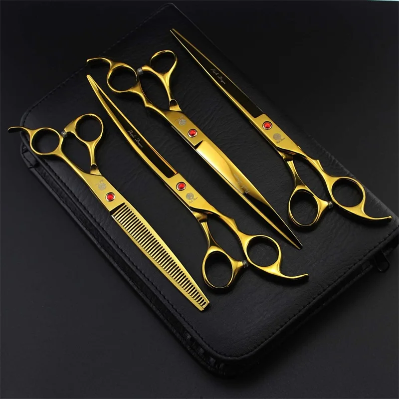 Professional Pet Dog Grooming Scissors 8.0 inch Hair Cutting + Thinning + Curved Shears 440C Straight Scissors 4 PCS Set + Case (3)