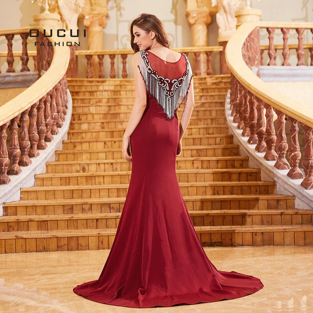 Винтажное с круглым вырезом элегантное вечернее платье красное вино Бисероплетение кисточка Атлас 2019 длинное Русалка платье для