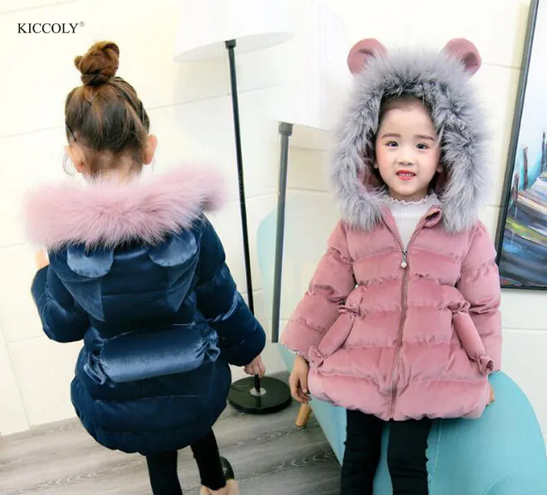 

KICCOLY New 2018 Winter Gold Velvet Girls Down Jackets Kids Faux Fur Collar Coat Children Thicken Outwear Candy Pattern 3-10T