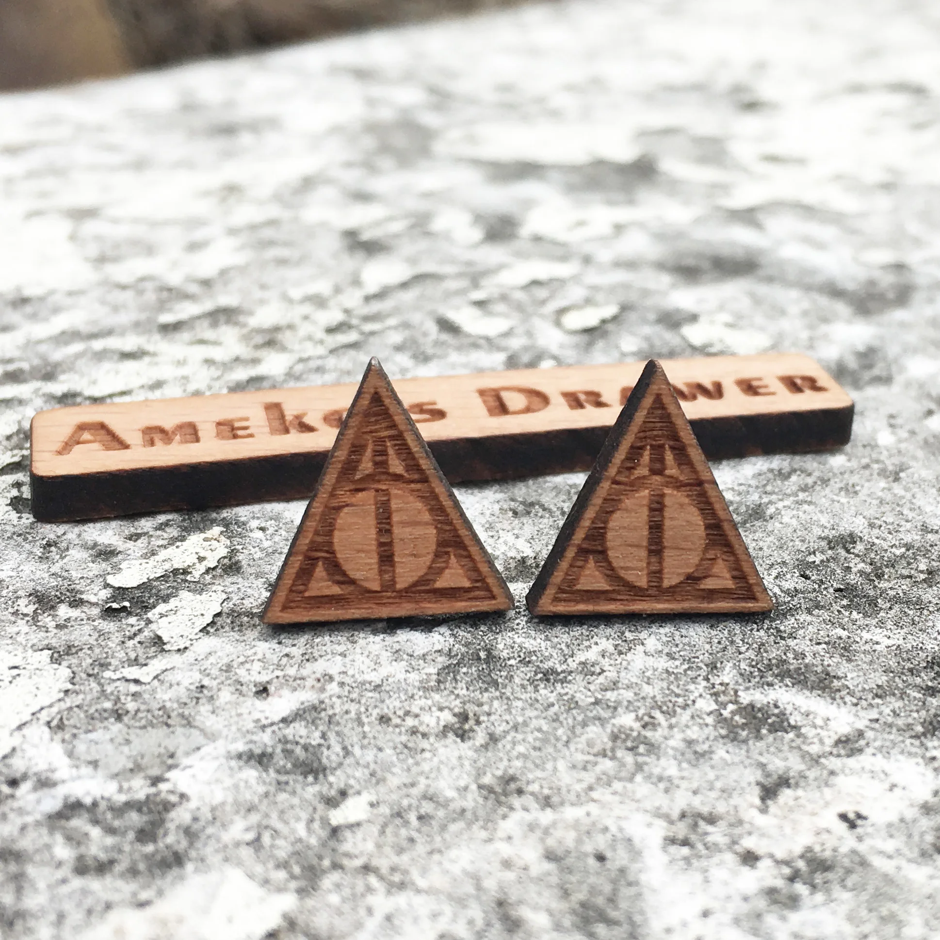 

Potter Deathly Hallows Earring Laser Cut Hogwarts School Triangle and Circle Earrings Solid Wood Triangle and Round Stud X1 Pair