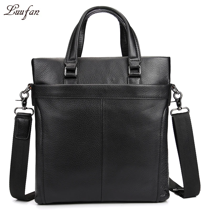 Men's genuine leather tote bag black cow leather A4 business bag Real leather messenger bag 2 use casual bag vertical briefcase