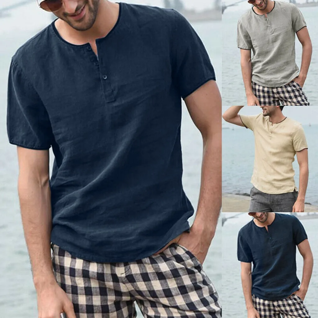 

S-2XL Men's Baggy Solid Cotton Linen Short Sleeve Button Plus Size Shirt Tops Blouse Men Clothing Soft Comfortable Men's Shirt