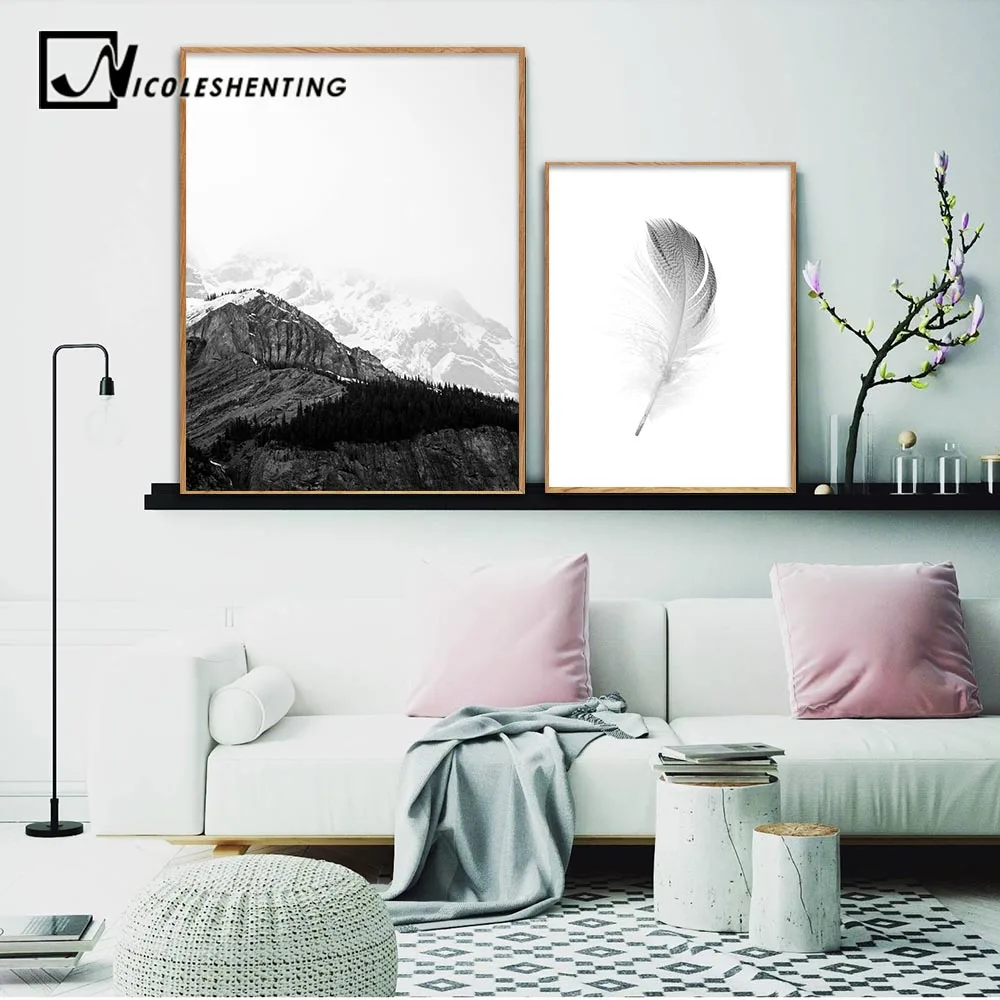 Mountains Feather Landscape Canvas Art Poster Abstract Print Nordic Home Decor