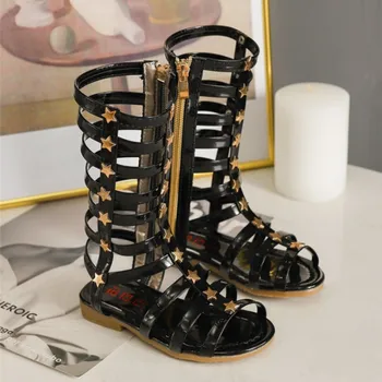 

Little girls gladiator sandals boots leather summer Gold black Silver high-top fashion roman kid sandals For girls shoes