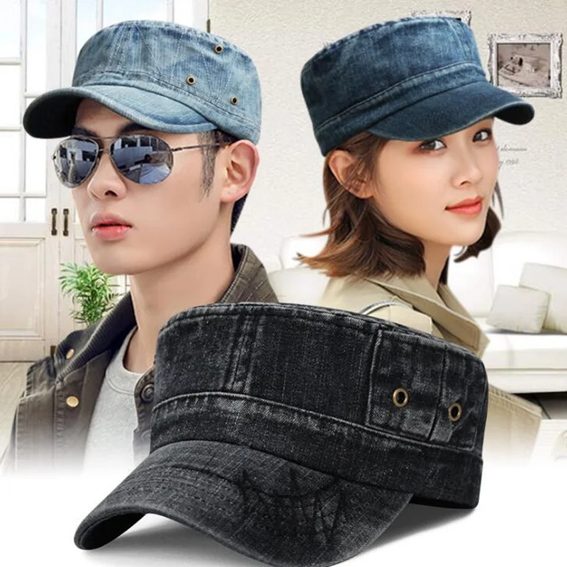 

Unisex denim military hat for women and men adjustable jeans flat cap summer snapback hat army cap