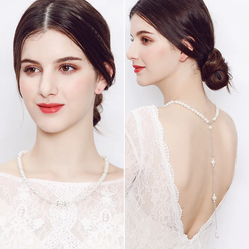 

Dower me Back Necklace Bridal Summer Beach Pearls Link Chain Necklaces &Pendants Jewelry For Women
