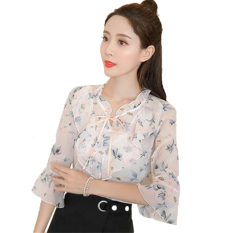 

2019 Floral Chiffon Shirt Sexy Micro Transparent Stand Collar Ruffled Tops Women's Temperament Cropped Sleeve Shirt Top K16