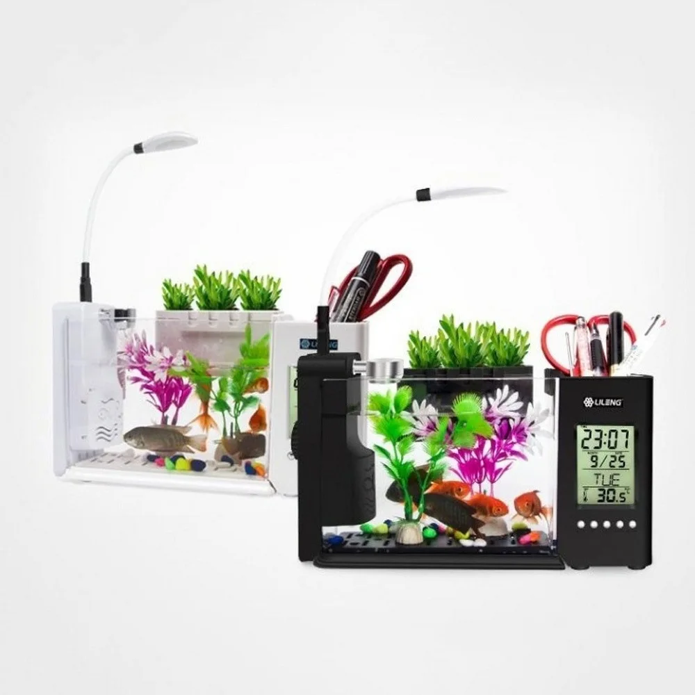Мини аквариумный аквариум USB аквариум с светодиодный светильник ЖК-дисплей экран и календарь часы аквариумный аквариум аквариумные рыбки