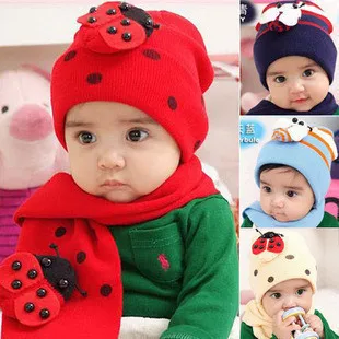 

2pcs set Autumn Winter Baby Hats Cap Scarf Twinset Cotton Ladybug Hat Children Kids Hat+Scarf For Boy Girls