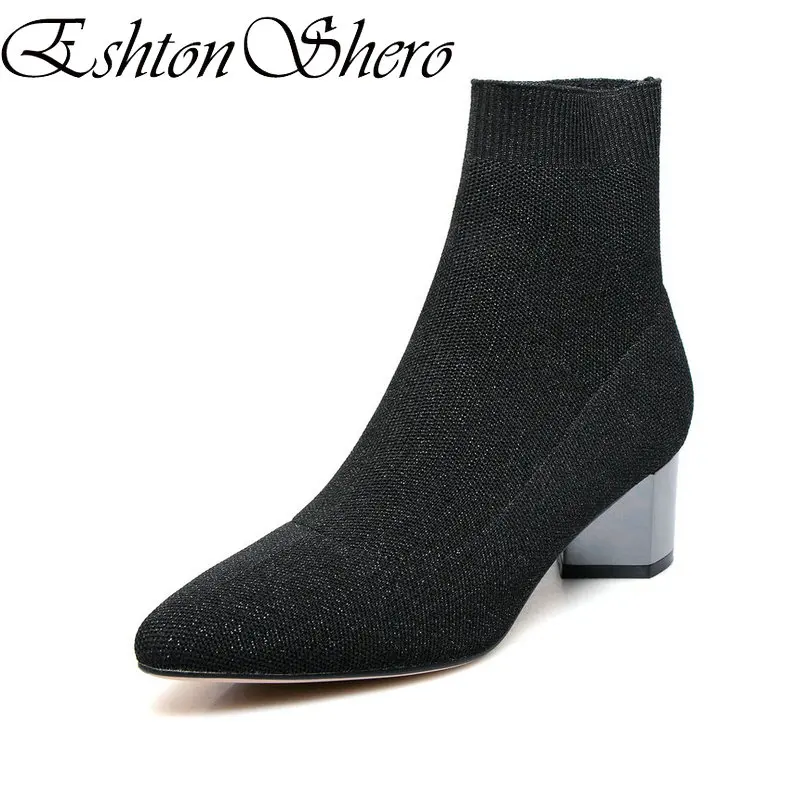 

EshtonShero Shoes Woman Ankle Sock Boots Med Heel Pointed Toe Stretch Fabric Women Ladies Motorcycle Work Boots Size 34-39