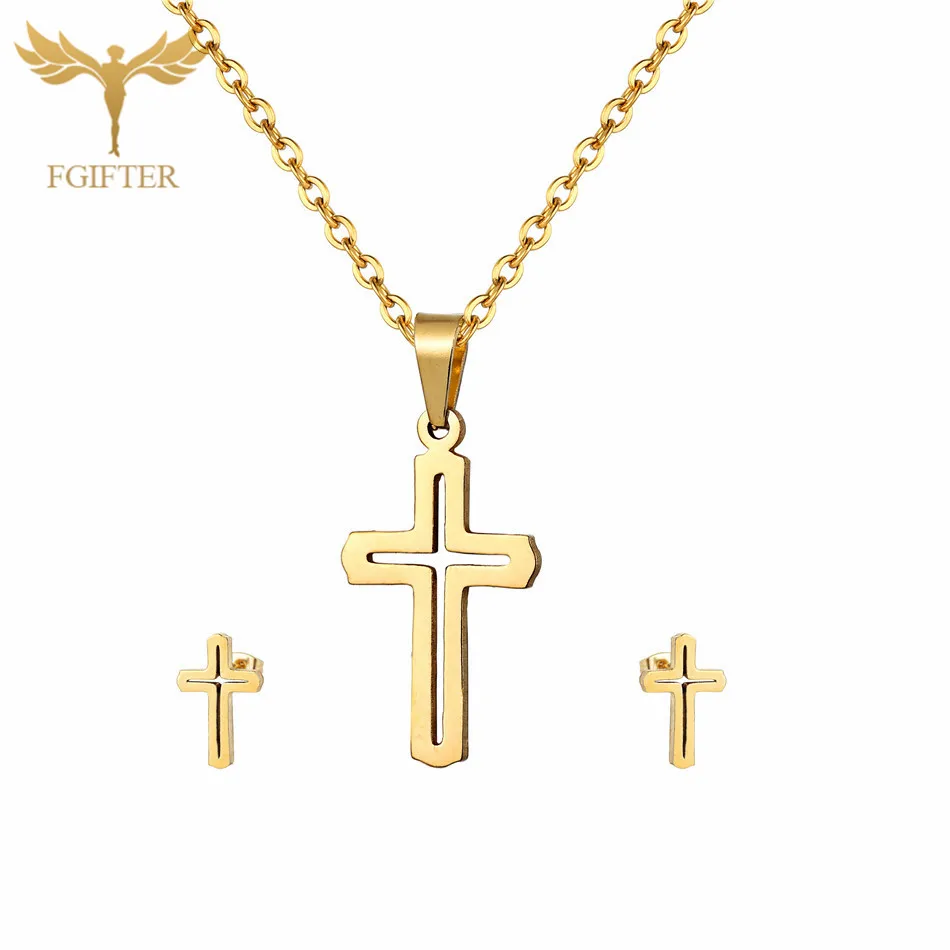 

Retro Cross Choker Necklace For Women Men Stainless Steel Jewelry Sets Christian Cross Earrings Necklace Set
