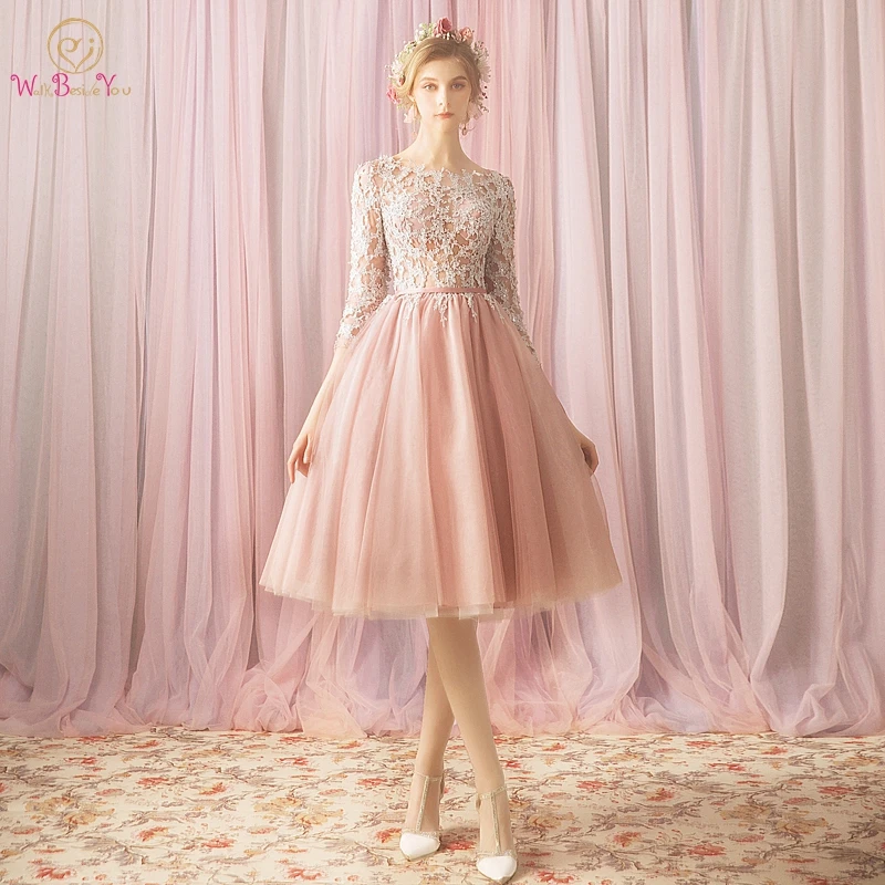 

Luxury Pink Bridesmaid Dresses 2019 Half sleeves Knee Length Ball Gown O neck Appliques Lace Short Adult And Junior Robe Femme