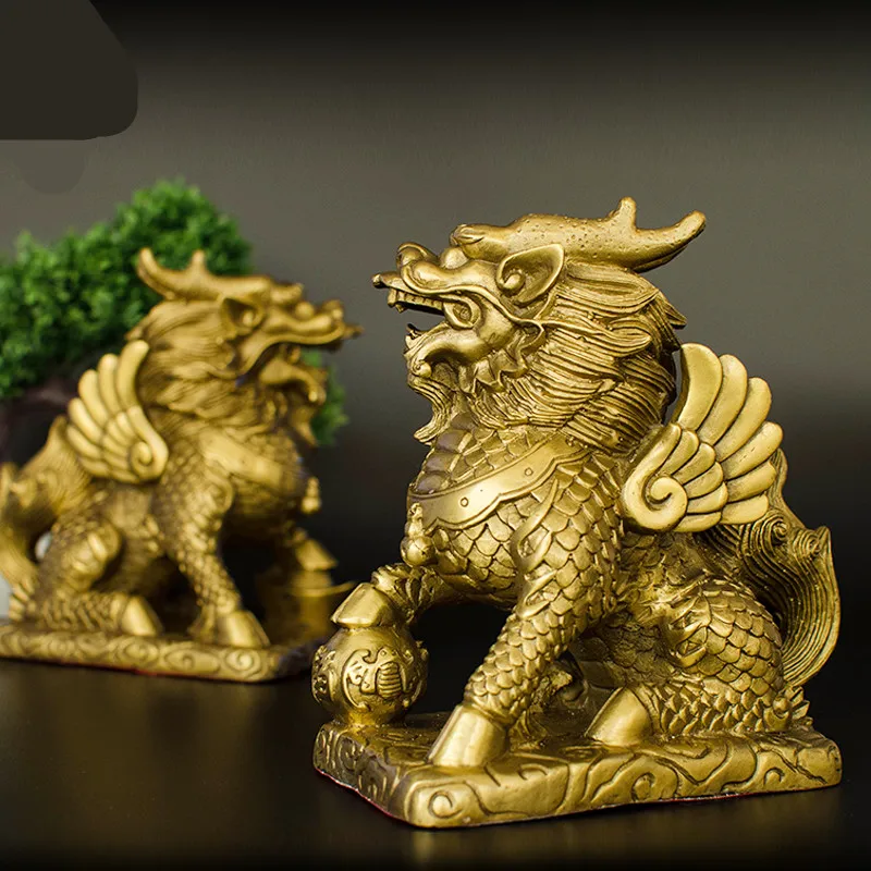 2pcs Set Feng Shui Golden Brass Chi Lin Kylin Wealth Prosperity