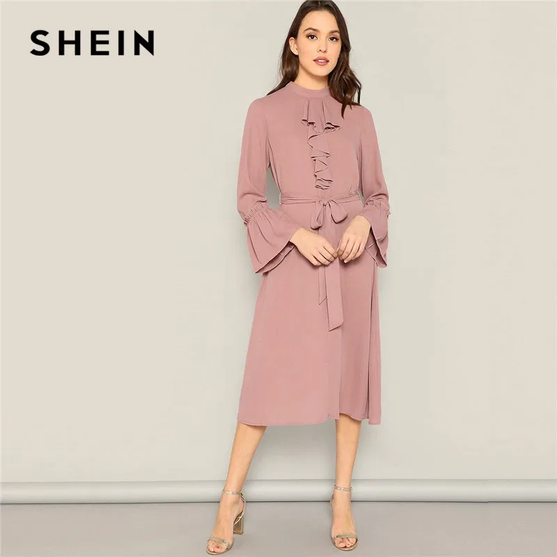 

SHEIN Spring Pink Ruffle Trim Bell Sleeve Midi Dress With Belt Women Elegant Flounce Sleeve Solid Stand Collar Party Dress