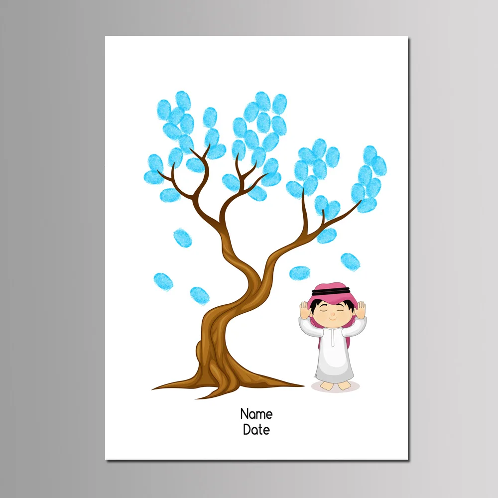 

Free Custom Name Date Fingerprint Tree Canvas Painting, Arab Kids Birthday Baptism Decor Personalized DIY Guest Book Party Favor