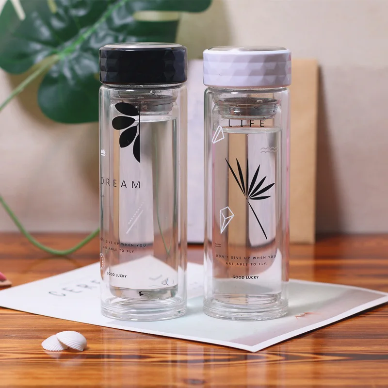 

Double-layer Borosilicate Glass Water Bottle Heat Resistant Thickening Bottom Tea Cup with Tea Infuser 350ml Portable Water Cup