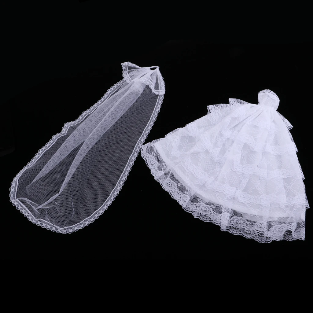  Stunning Garment Set White Tube Top Dress Wedding Gown w. Veil & Black Tux Business Suit For   Doll Accs