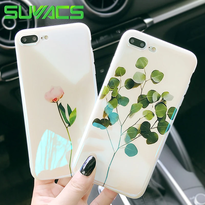 

SUYACS Glossy Blu-Ray Phone Case For iPhone 6 6S 7 8 Plus X Leaves Teenage Style Soft IMD Graphic Phone Cover Shells Case Coque