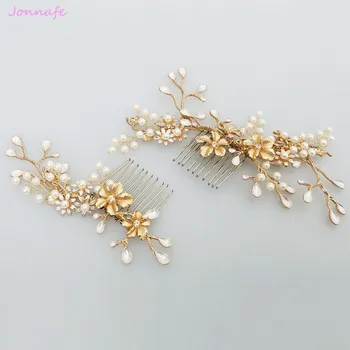 

Jonnafe New Design Gold Branch Flower Hair Comb Pearl Wedding Hair Jewelry Accessories Vintage Bridal Combs Headwear