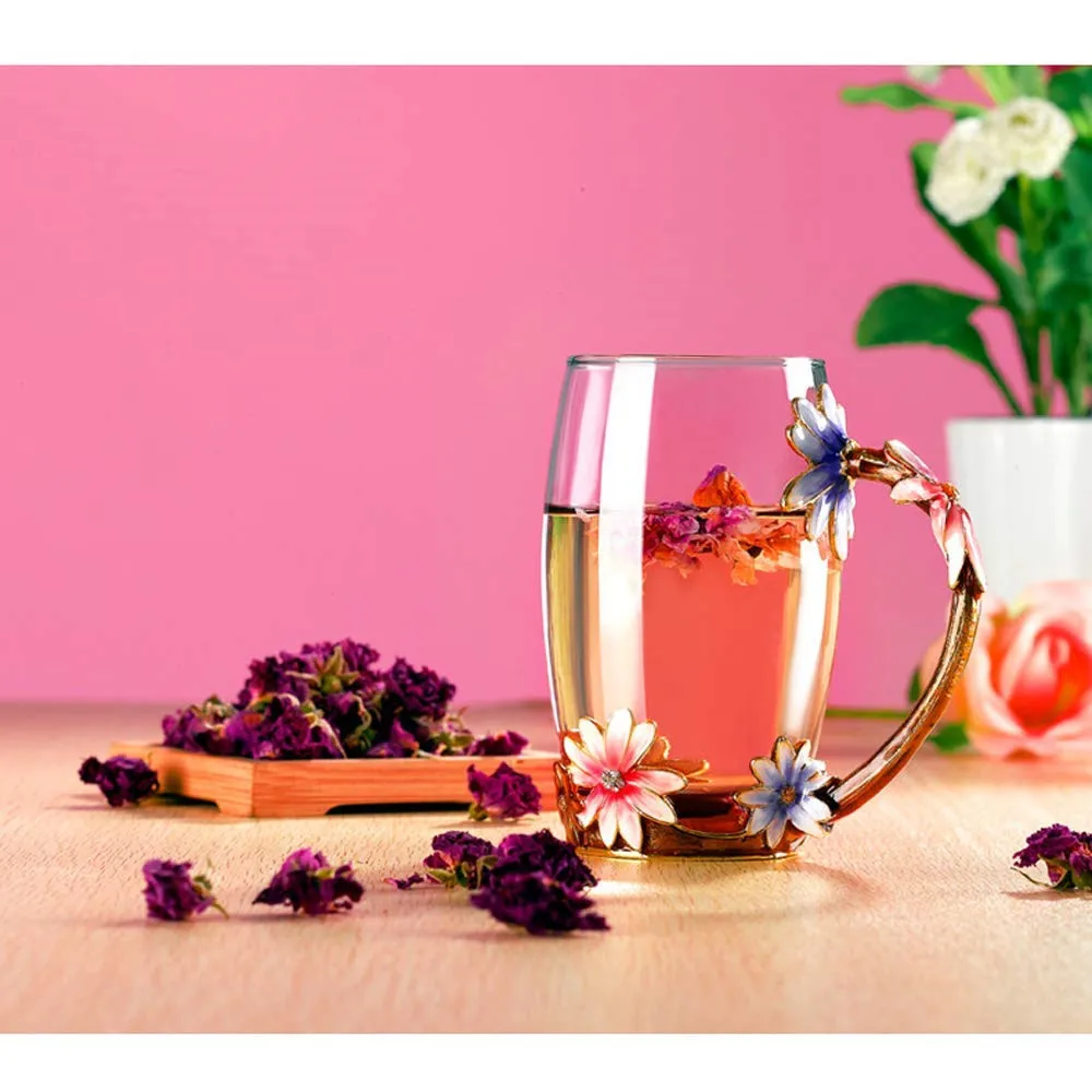 Enamel Flower Crystal Glass Mug Cup Creative Handmade Tea Cups with Handle 11OZ personalized mugs Mother's Day, For Hot Beverages, Tea, Juice,coffee 350ML03