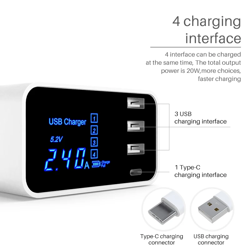 fast charging Type C USB Charger LCD Display Smart Charger HUB Travel Mobile Phone Wall adapter For iPhone Samsung Xiaomi Meizu fast charging Type C USB Charger LCD Display Smart Charger HUB Travel Mobile Phone Wall adapter For iPhone Samsung Xiaomi Meizu