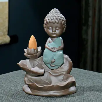 

Lovely Little Monk Smoke Waterfall Backflow Incense Burner Lotus Cone Sticks Holder Home Office Bouddha Decoration Porcelain