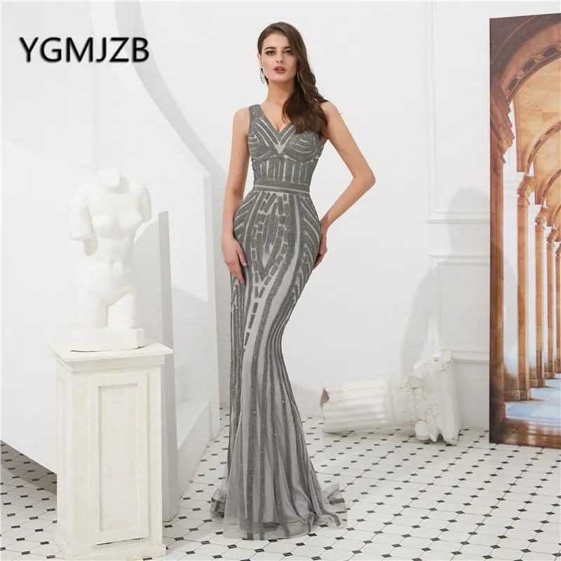 

Luxury Long Evening Dresses 2019 Mermaid Full Crystal Tulle Sleeveless Gray Women Dubai Arabic Evening Gowns Party Prom Dress