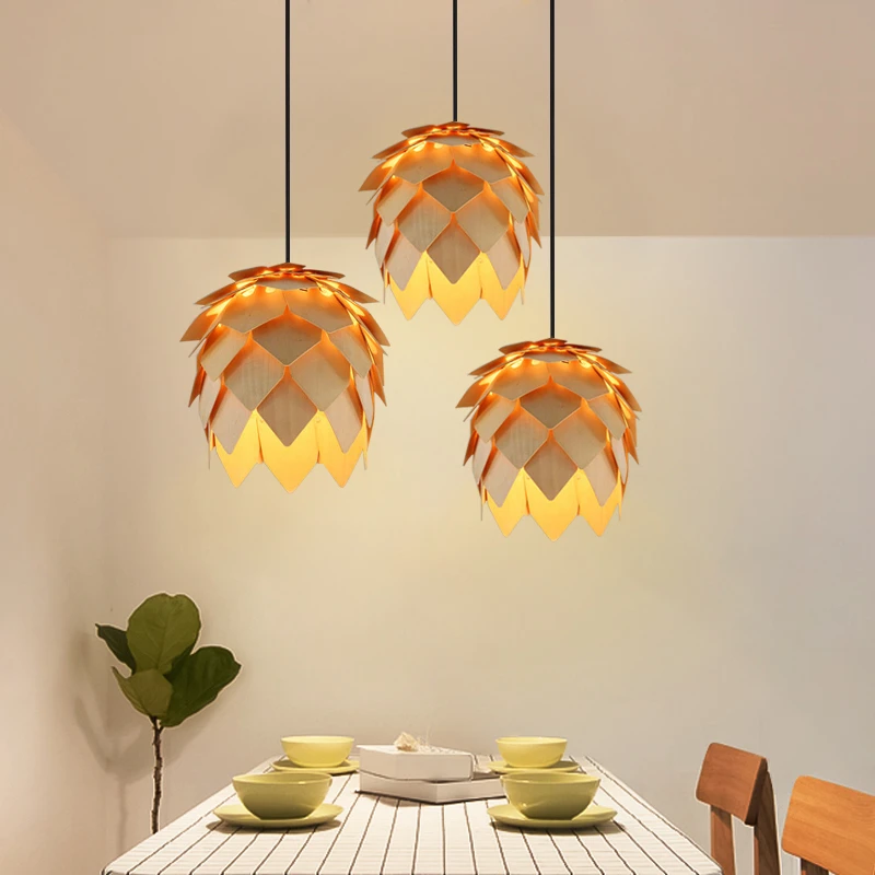 Modern Art Oak Pine Cone E27 Pendant Lights Art Handmade Smart Puzzle Restaurant Bedroom Bar Cafe Fixtures Luminaire gold pendant light