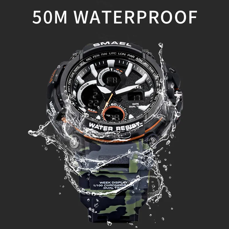 SMAEL Camouflage Military Watch Men Waterproof Dual Time Display Mens Sport Wristwatch Digital Anal