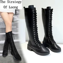 Модные зимние мотоботы из нубука с заклепками на толстом каблуке с перекрестной шнуровкой на низком каблуке женские сапоги до колена на шнуровке 20181124