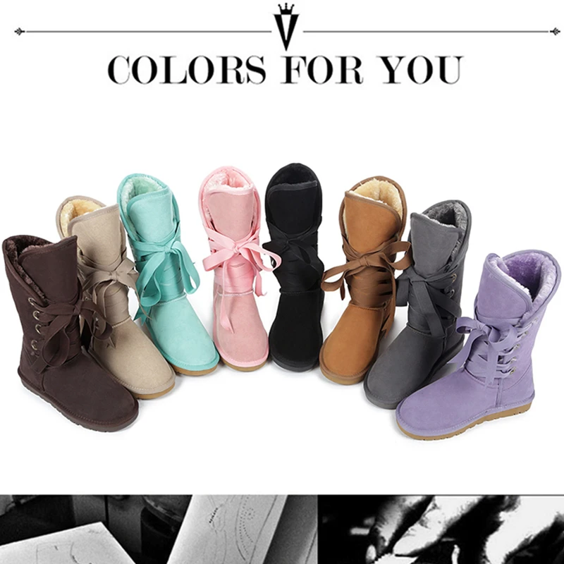

2018 New Fashion Ugs Women Snow Boots Riband Leather Winter Shoes Pink Red Black Women's Fur Snow Boots Size US 4-13