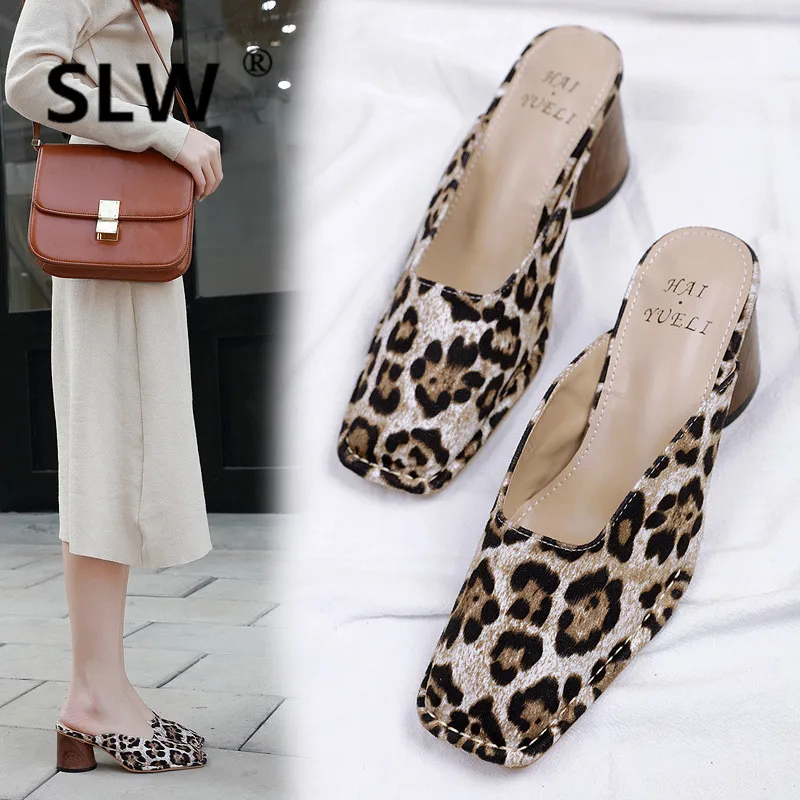 

spring autumn new leopard square toe chunky heel mules woman high heel slides platform shallow mouth slippers woman beach shoe