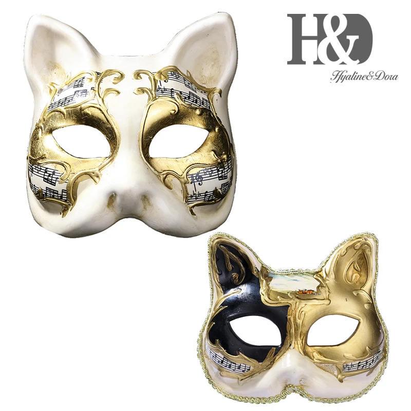 

H&D 2pcs Hand-painted Cat Face Venetian Mask Women Men Music Note Mask Christmas Mardi Gras Masquerade Carnival Party Favor