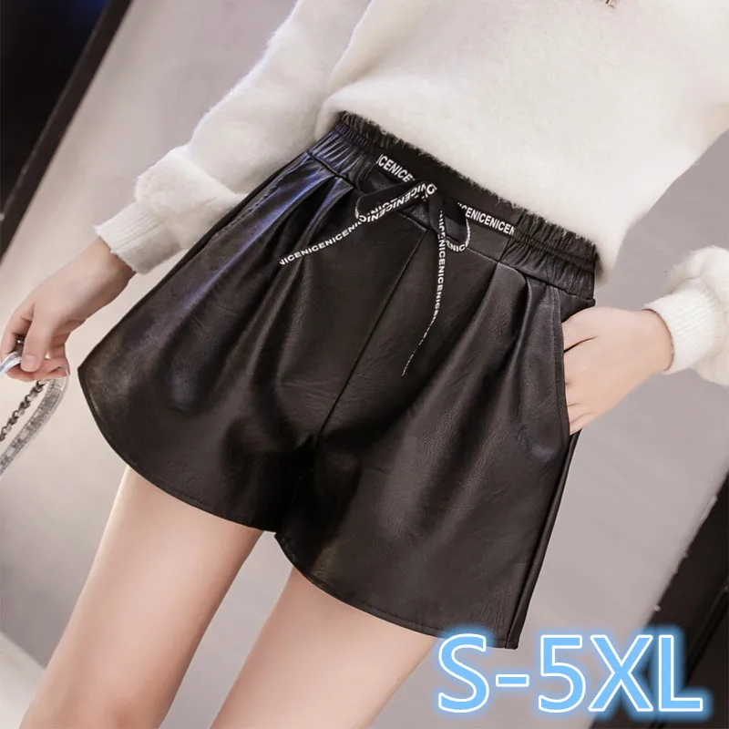 S-5XL Большие размеры 2018 PU кожаные шорты женский, черный короткий с карманом свободные Повседневное упругие талии шорты Для женщин s (74038)