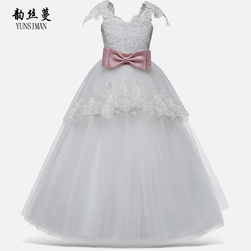 

Big Girls Clothes Lace Long Dresses 6 8 10 12 14 Years Bow Tie White Flower Wedding Dress Children Party Princess Costume 2A07A