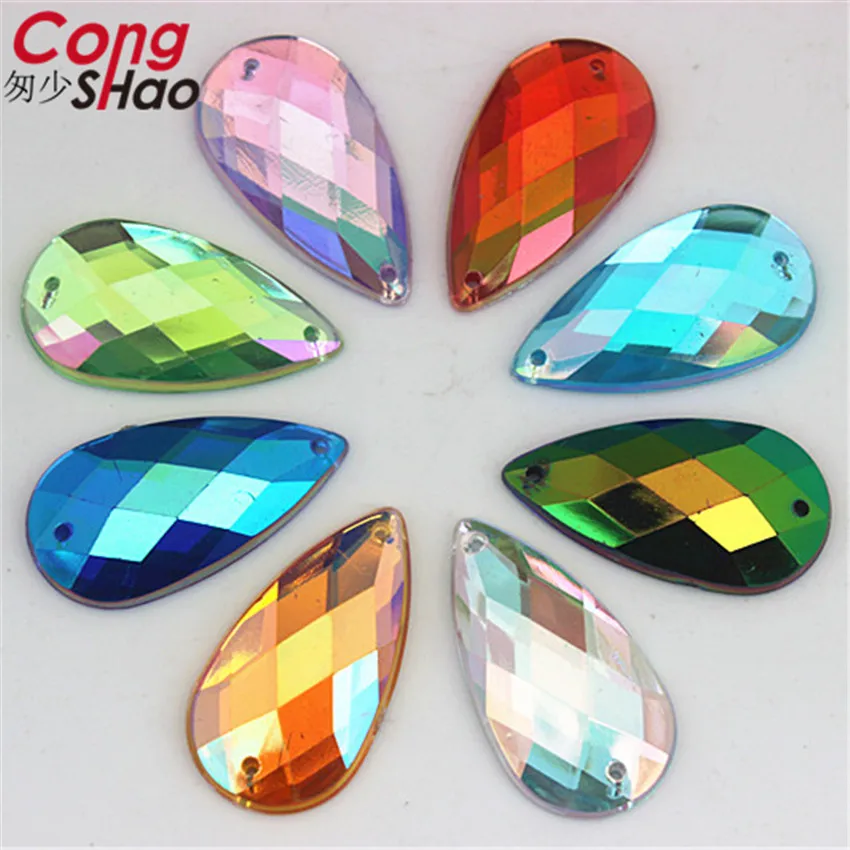 

Cong Shao 50pcs 16*30mm AB Color Drop Acrylic rhinestone stones crystals flatback sewing 2 Hole DIY Wedding Dress Button CS421