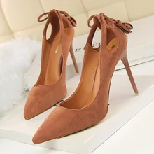 New Autumn Spring Women Sexy Thin High Heels Shoes Suede Flock Pointed Bow Tassel Women Single Shoes High-heeled Shoe G3168-9