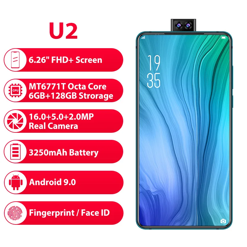 Elephone U2 16MP Pop Up Camera Mobile phone Android 9 0 MT6771T Octa Core 6GB 128G 2