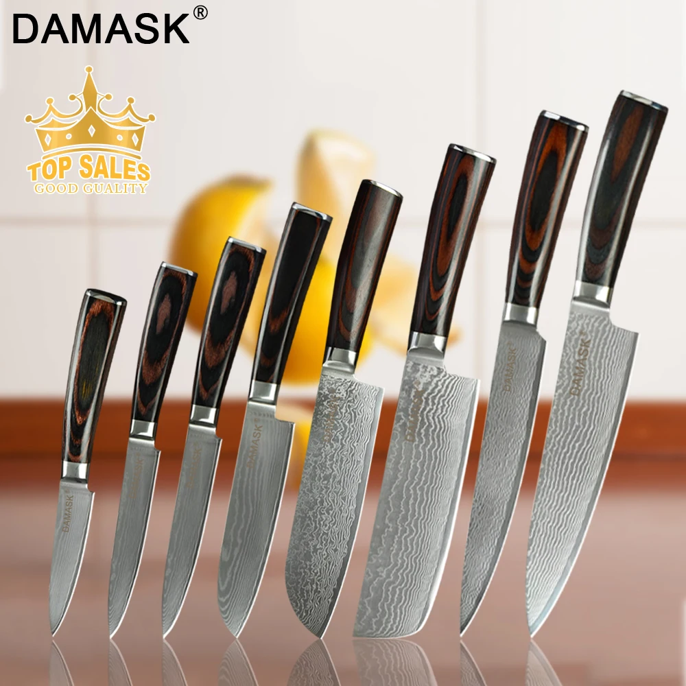 Дамасский стальной кухонный нож Damask, японский набор VG10 G10 с ручкой для очистки овощей, сантоку, нарезки шеф-повара, наборы ножей