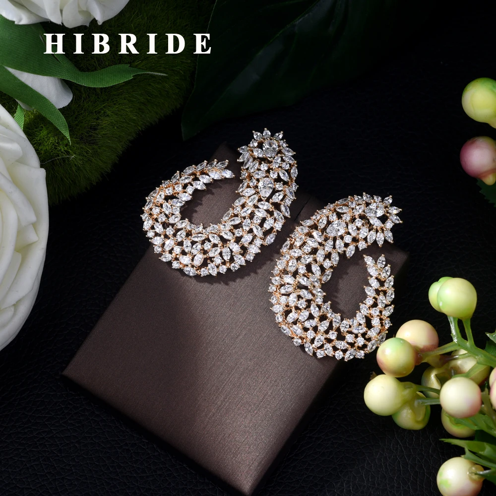 

HIBRIDE High Grade Luxury Popular Geometry Flower Shape Stud Earrings Full Mirco CZ Paved Wedding Earring Fashion Jewelry E-413