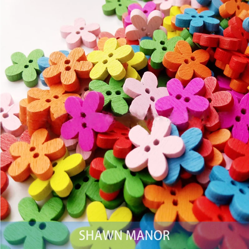 100Pcs Mixed Wooden Flower Sewing Buttons 2 Holes Decorative Buttons