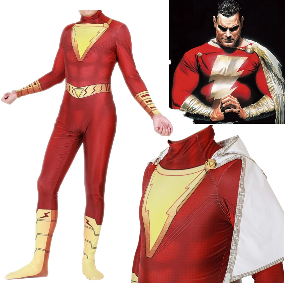 

Shazam Captain Marvel Cosplay Costume Zentai Billy Batson Superhero Bodysuit Suit Jumpsuits Cloak