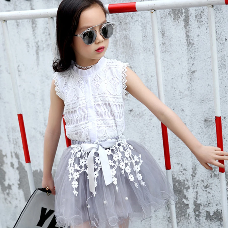 Teenage Girls Clothes Sets Summer Spring Lace Shirt + Dress Kids Outfit