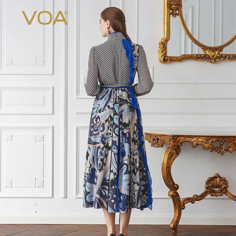 VOA, шелковое подиумное платье в горошек, женское Макси длинное платье с высокой талией размера плюс, с оборками, африканская принтованная одежда с поясом, повседневная одежда, ALA02801