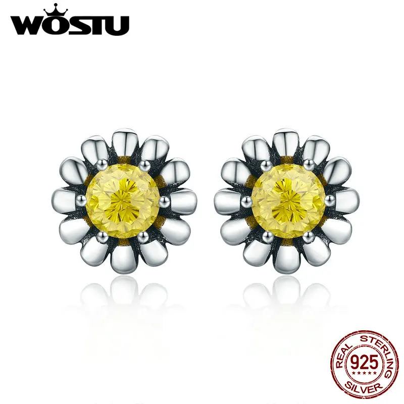 WOSTU новые трендовые 925 пробы серебряные желтая Маргаритка цветок серьги-гвоздики для женщин ювелирные изделия из серебра подарок на день рождения CQE255
