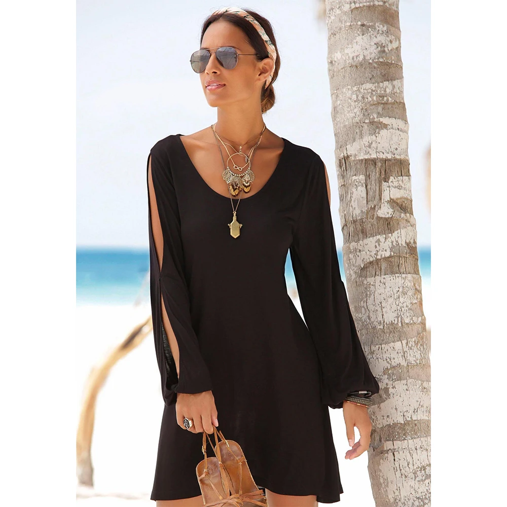 

Summer Dress Long Lantern Sleeve Hollow Out O Neck Dress Women Casual Woman Loose Beach Dress Plus Size Streetwear vestidos H30