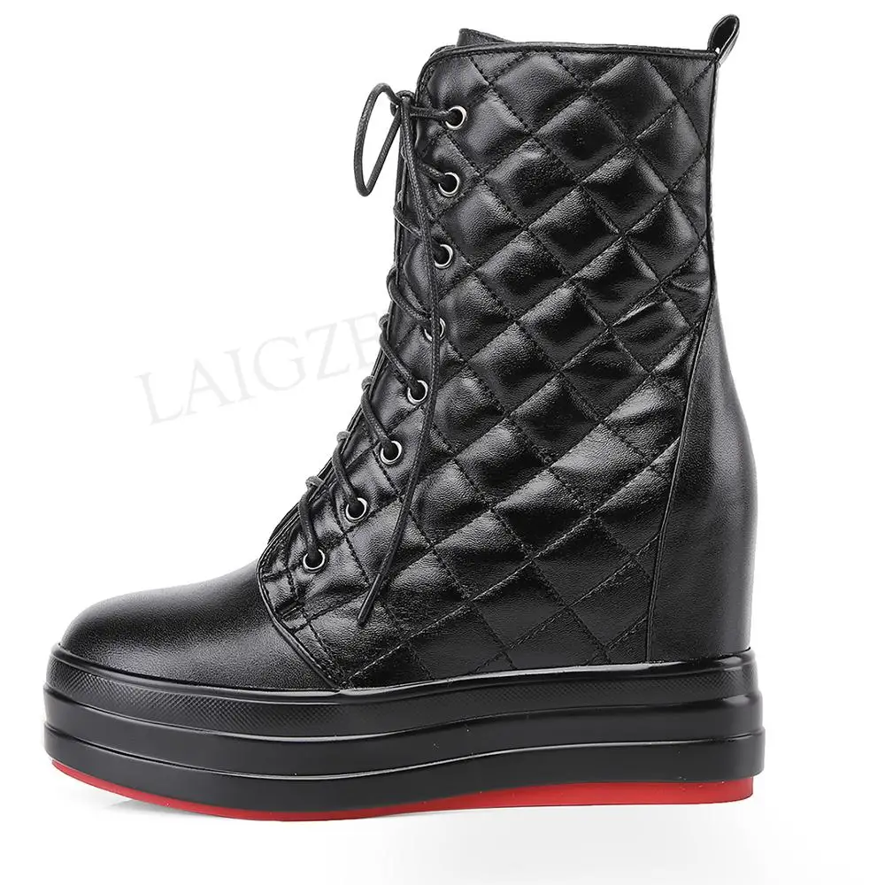 

LAIGZEM FASHION 2020 Women Ankle Booties Wedge Side Zip Lace Up Height Increasing Winter Boots Shoes Botines Mujer Size 32-40